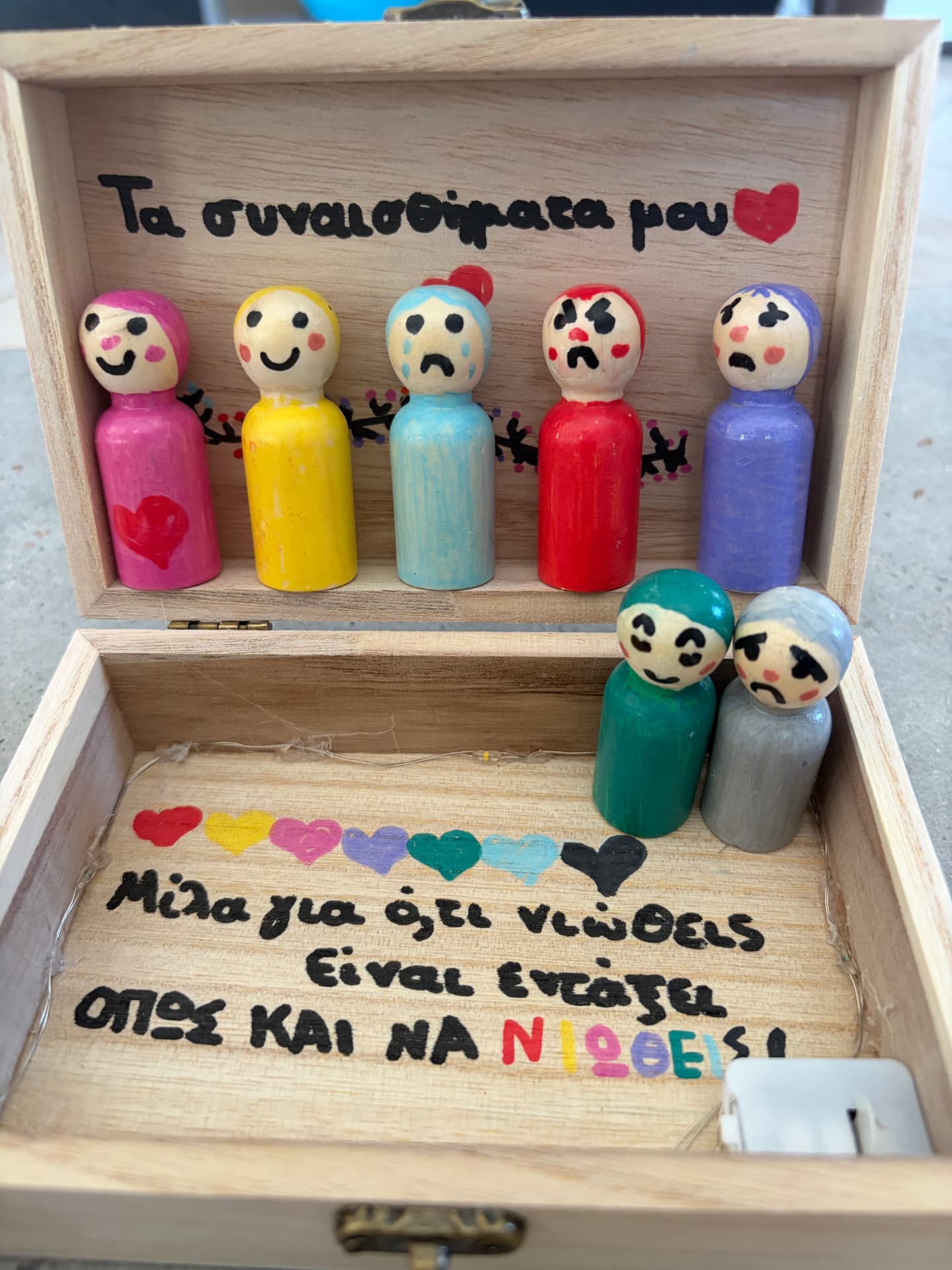 Το ανοιχτό ξύλινο κουτί «Τα συναισθήματά μου» με τα ζωγραφισμένα ανθρωπάκια